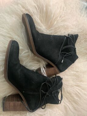Franco Sarto Black Suede Lace-Up Ankle Booties with Stacked Heel